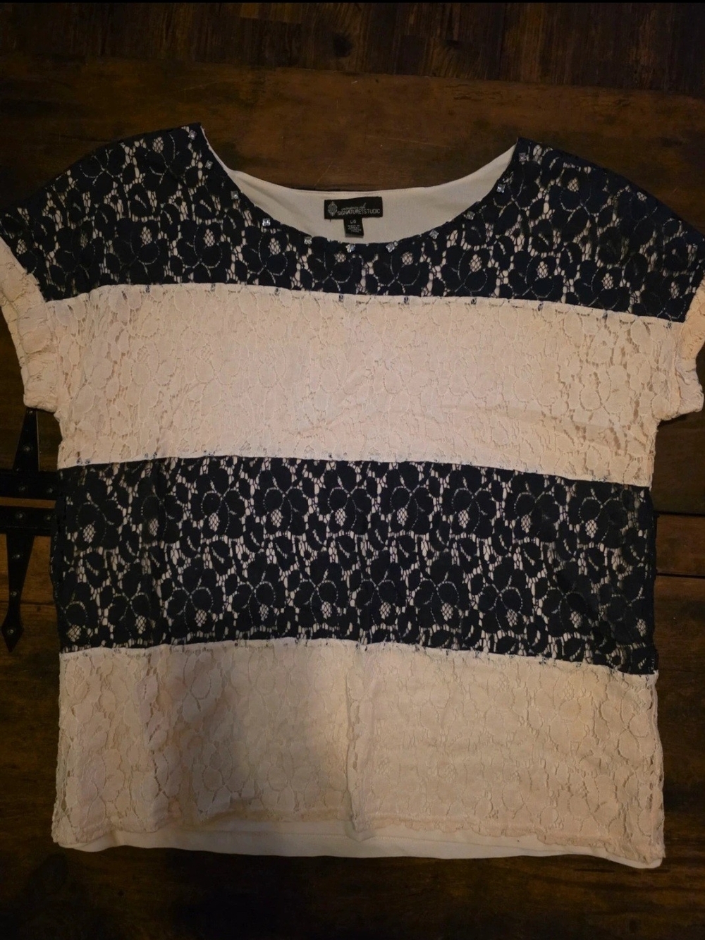 Signature Studio Navy and White Lace-Stripe Short Sleeve Blouse